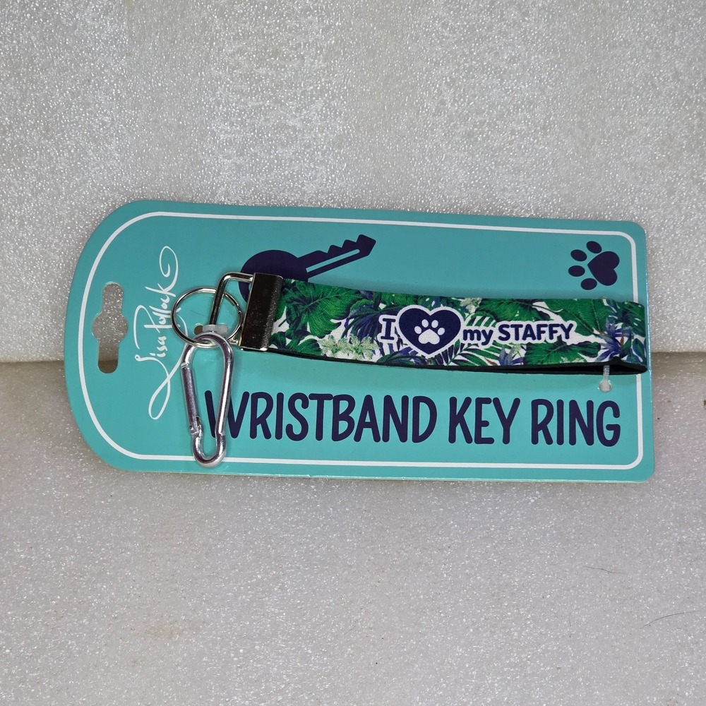 Lisa Pollock Wristband Key Ring I Heart My Staffy Dog Tropical Green New
